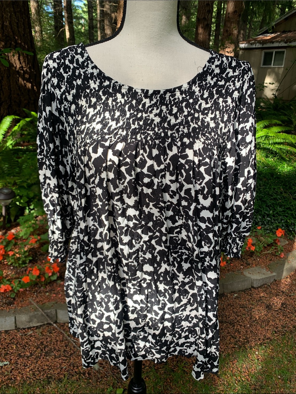 Black & White Printed Women's Top - Classic Smocked Yoke